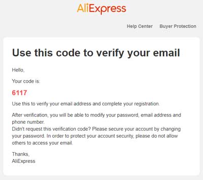 AliExpress Use this code to verify your email